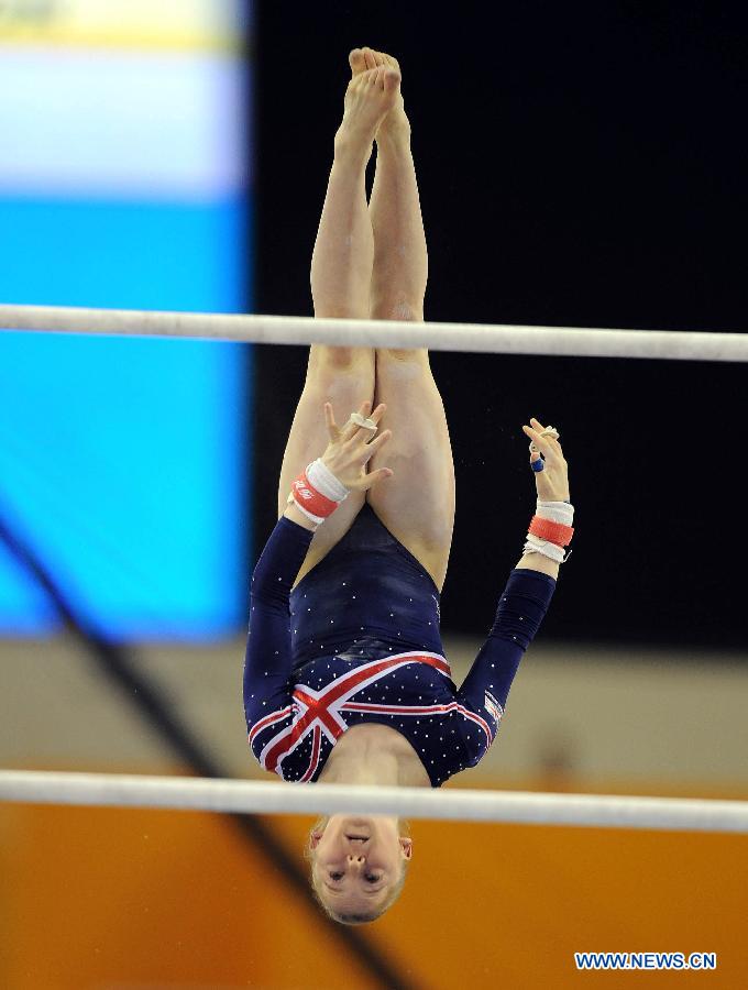 Gabrielle Jupp of Britain performs during the uneven bars final at the 6th FIG Artistic Gymnastics world Challenge Cup in Doha, Qatar, March 28, 2013. Jupp took the bronze medal with 13.925 points. (Xinhua/Chen Shaojin)