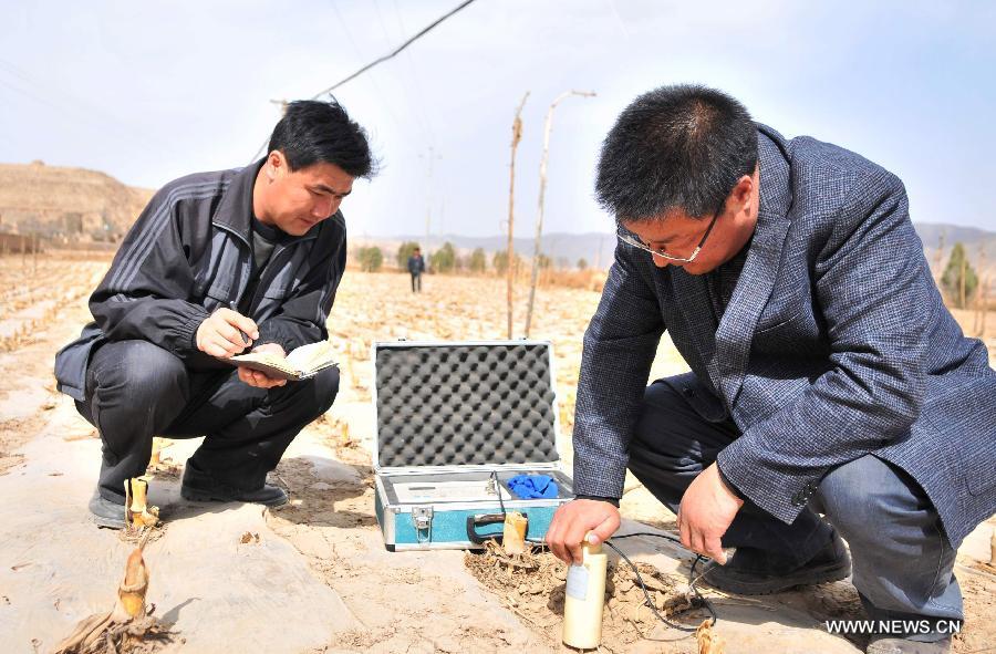 Researcher Xing Guo (R) tests water content of the earth in the corn field in Qingshui Village of Lujiagou Township in Dingxi City, northwest China's Gansu Province, March 28, 2013. A drought lingering Gansu Province has caused 650,000 people lack of drinking water. (Xinhua/Chen Bin)