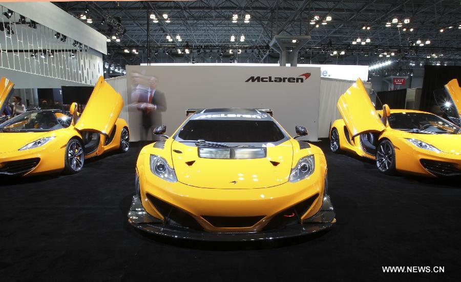 Mclaren cars are on display during the 2013 New York International Auto Show in New York, on March 29, 2013. The 2013 New York International Auto Show opened to the public on Friday. (Xinhua/Cheng Li) 