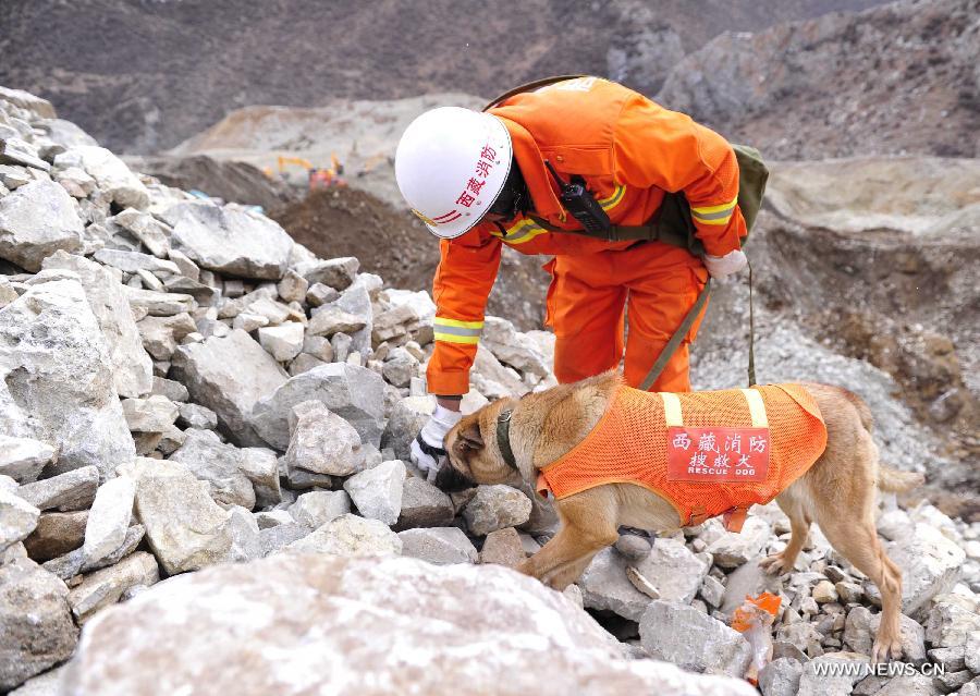 A rescuer works at the accident site in Maizhokunggar County of Lhasa, southwest China's Tibet Autonomous Region, March 31, 2013. Thirteen bodies have been found until 6:30 p.m. Sunday at the site of a mining area landslide. The disaster struck a workers' camp of the Jiama Copper Polymetallic Mine at about 6 a.m. on Friday, burying 83 workers. (Xinhua/Liu Kun)