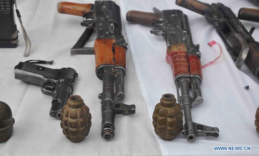 Taliban weapons seizing in an operation by Afghan police are displayed in Jawzjan Province, Afghanistan, on April 1, 2013. (Xinhua/Arui)