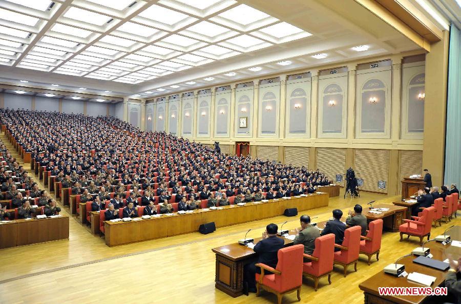Photo released by the KCNA news agency on April 1 shows that a plenary meeting of the Central Committee of the Workers' Party of Democratic People's Republic of Korea (DPRK) is held in Pyongyang, capital of the DPRK, on March 31, 2013. (Xinhua/KCNA) 
