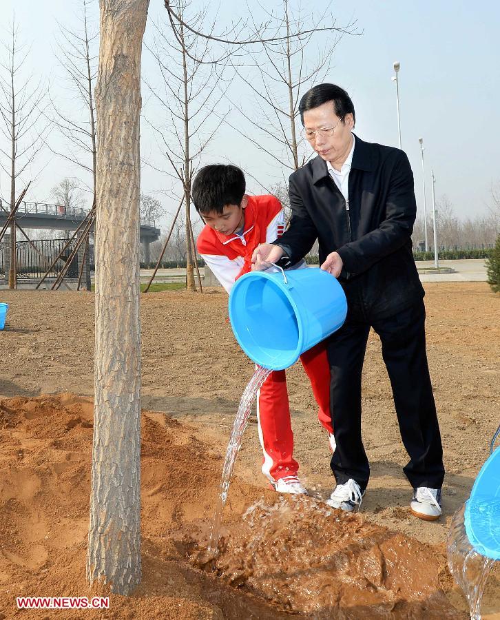 Zhang Gaoli (R) waters a tree together with a pupil during a tree-planting event in Fengtai District in Beijing, capital of China, April 2, 2013. Chinese top leaders Xi Jinping, Li Keqiang, Zhang Dejiang, Yu Zhengsheng, Liu Yunshan, Wang Qishan and Zhang Gaoli joined in the tree planting event here on Tuesday. (Xinhua/Li Tao)