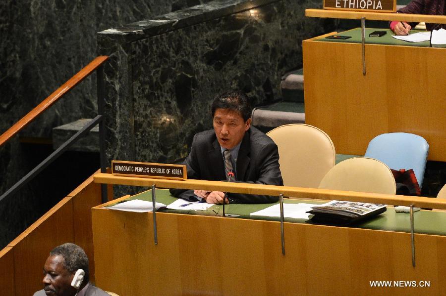 A delegate of the Democratic People's Republic of Korea (DPRK) speaks during a meeting on the Arms Trade Treaty at the UN headquarters in New York, April 2, 2013.The UN General Assembly on Tuesday voted to adopt the Arms Trade Treaty, which regulates the multi-billion-U.S. dollar international arms trade. The treaty was adopted by a vote of 154 to 3, with 23 countries abstaining from the vote. The Democratic People's Republic of Korea (DPRK), Iran and Syria voted against the treaty. (Xinhua/Niu Xiaolei) 