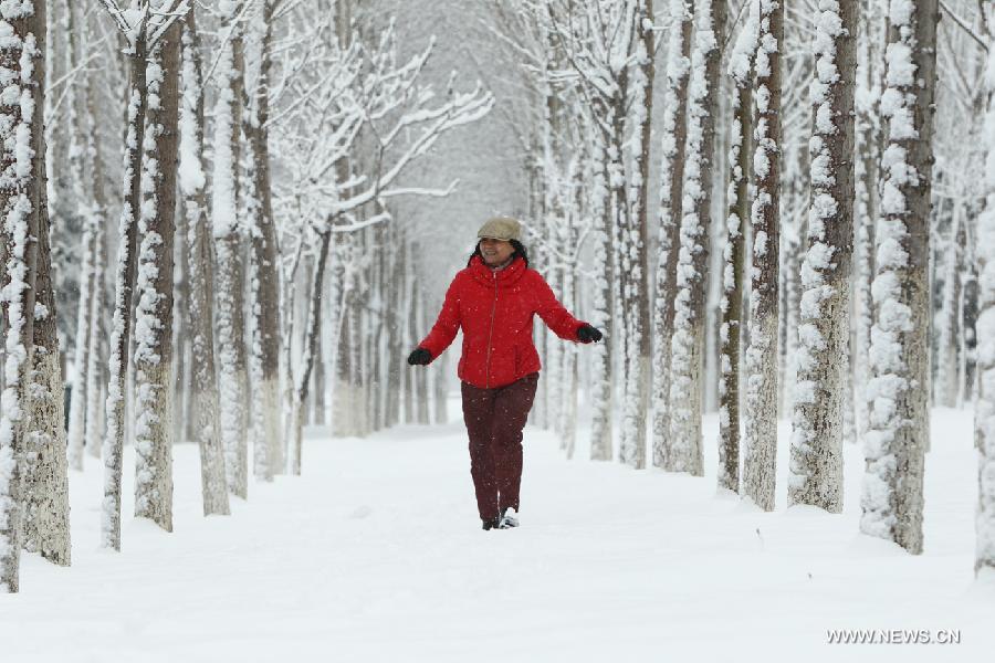 A woman enjoys the scenery of snow by the side of the Daling River in Chaoyang City, northeast China's Liaoning Province, April 5, 2013. While many parts of China have entered a blossoming season, Chaoyang experienced a heavy snowfall on Friday. (Xinhua/Qiu Yijun)