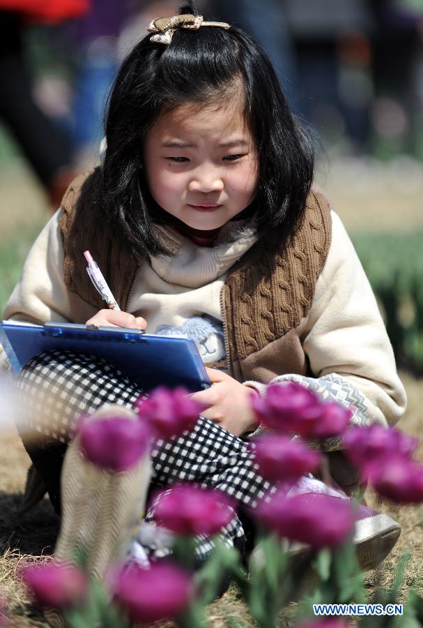 A child sketches tulips at the People's Park during the three-day holiday of Qingming Festival in Zhengzhou, capital of central China's Henan Province, April 6, 2013. (Xinhua/Li Bo)