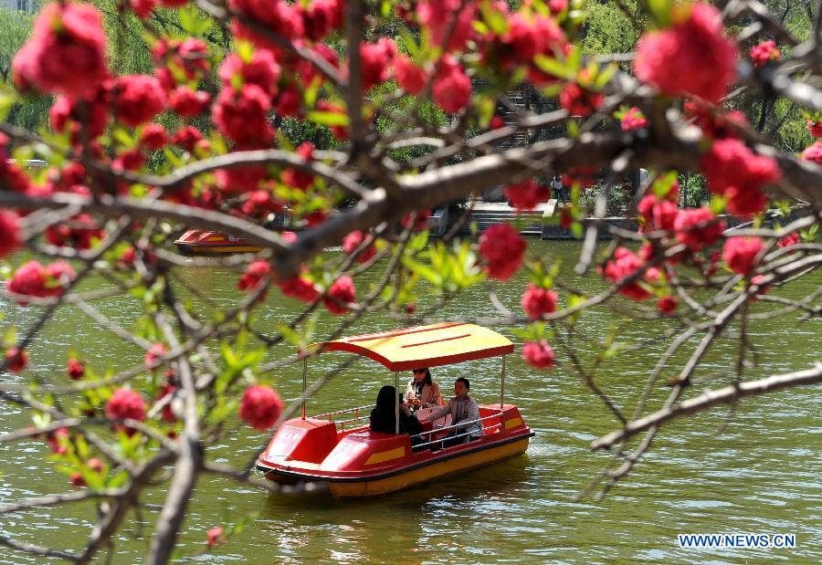 People enjoy a boat ride at the People's Park during the three-day holiday of Qingming Festival in Zhengzhou, capital of central China's Henan Province, April 6, 2013. (Xinhua/Li Bo)