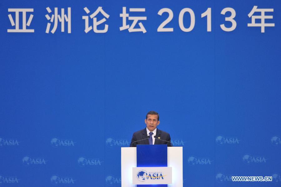 Peruvian President Ollanta Humala Tasso gives a speech at the opening ceremony of the Boao Forum for Asia (BFA) Annual Conference 2013 in Boao, south China's Hainan Province, April 7, 2013. (Xinhua/Zhao Yingquan)