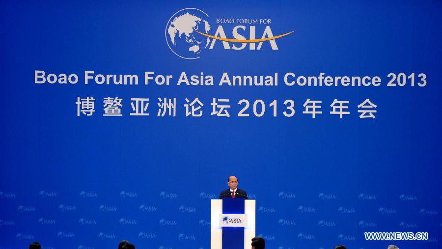 Myanmar's President U Thein Sein gives a speech at the opening ceremony of the Boao Forum for Asia (BFA) Annual Conference 2013 in Boao, south China's Hainan Province, April 7, 2013. (Xinhua/Zhao Yingquan)