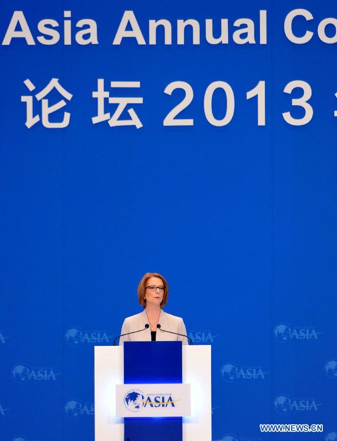 Australian Prime Minister Julia Gillard gives a speech at the opening ceremony of the Boao Forum for Asia (BFA) Annual Conference 2013 in Boao, south China's Hainan Province, April 7, 2013. (Xinhua/Zhao Yingquan)