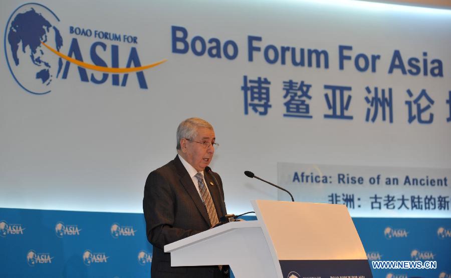 Abdelkader Bensalah, Algerian president of the Council of the Nation, speaks during the sub-forum "Africa: Rise of an Ancient Continent" during the 2013 Boao Forum for Asia (BFA) Annual Conference in Boao, south China's Hainan Province, April 7, 2013. (Xinhua/Zhao Yingquan)