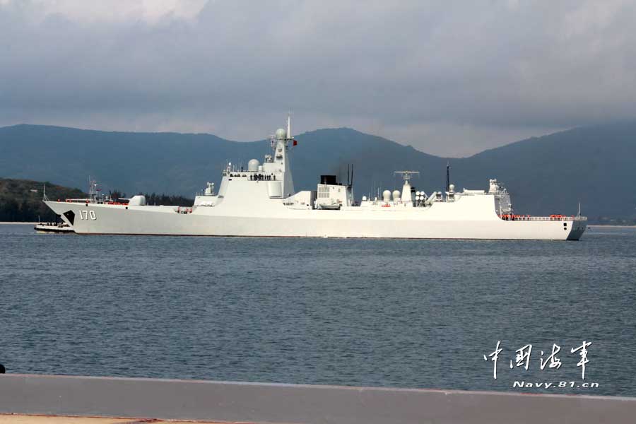 The joint mobile ship formation of the South China Sea Fleet under the Navy of the Chinese People's Liberation Army (PLA) officially returned to its home port at 09:00 on April 3, 2013. During the 16-day-long voyage, the joint mobile ship formation successively completed drills on 30-odd subjects such as defensive combat in naval mooring area, three-dimensional landing of the marine element, combined-arms assault on "enemy's" maritime mobile ship formation by various types of aircraft, maritime anti-terrorism and maritime search and rescue. The joint mobile ship formation sailed through the waters of the Xisha Islands, the Nansha Islands, the Zengmu Reef, the Bashi Channel and Western Pacific Ocean with a total navigation range of nearly 5,000 nautical miles. (China Military Online/Li Zhanglong)