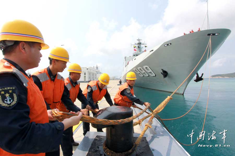 The joint mobile ship formation of the South China Sea Fleet under the Navy of the Chinese People's Liberation Army (PLA) officially returned to its home port at 09:00 on April 3, 2013. During the 16-day-long voyage, the joint mobile ship formation successively completed drills on 30-odd subjects such as defensive combat in naval mooring area, three-dimensional landing of the marine element, combined-arms assault on "enemy's" maritime mobile ship formation by various types of aircraft, maritime anti-terrorism and maritime search and rescue. The joint mobile ship formation sailed through the waters of the Xisha Islands, the Nansha Islands, the Zengmu Reef, the Bashi Channel and Western Pacific Ocean with a total navigation range of nearly 5,000 nautical miles. (China Military Online/Li Zhanglong)
