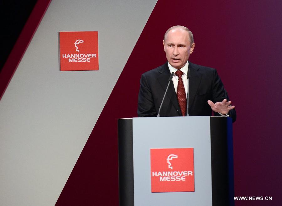 Russian President Putin speaks during the opening ceremony of the Hanover industrial trade fair in Hanover, western Germany, on April 7, 2013. Russia is the partner country of the Hanover industrial trade fair 2013, which runs from April 8 to 12. (Xinhua/Ma Ning)