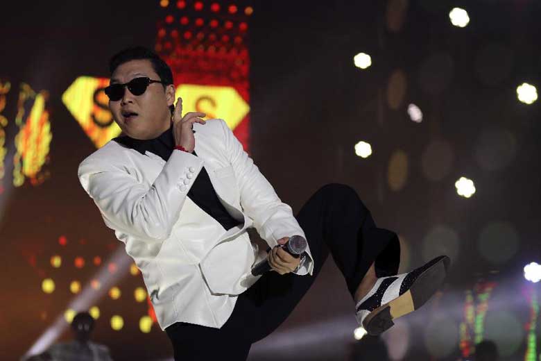 Korean star Psy during a performation in Nanjing, China, on Feb 2, 2013. (Xinhua)