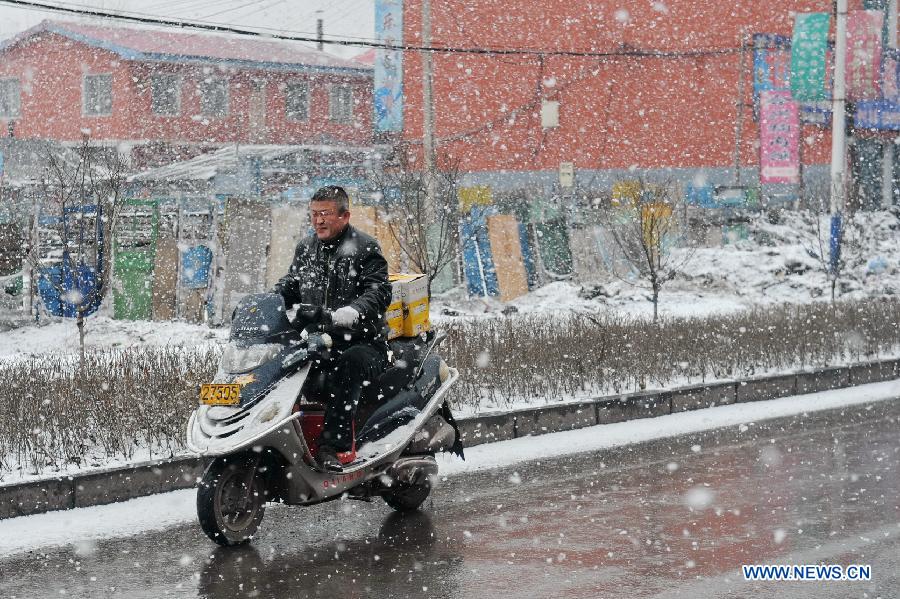 A citizen rides in snow in Baishan City, northeast China's Jilin Province, April 9, 2013. (Xinhua/Zhang Nan) 
