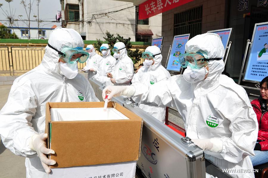 Medical workers collect "samples" for laboratory test during an emergency exercise to prevent human infection with the H7N9 virus in Changfeng County of Hefei, capital of east China's Anhui Province, April 9, 2013. Two patients from east China's Anhui and Jiangsu provinces who were confirmed as H7N9 cases days ago died of the avian influenza on Tuesday afternoon. This has brought the total number of deaths caused by the H7N9 bird flu in the country to nine. So far, China has reported a total of 28 H7N9 cases, including nine which ended in fatalities. (Xinhua)