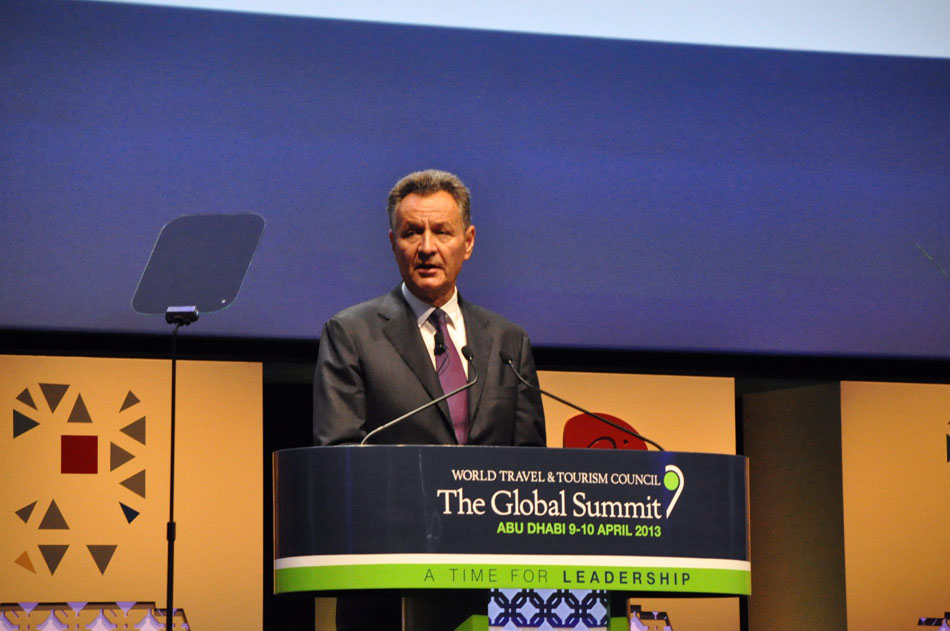 Dr. Michael Frenzel, Chairman of WTTC, delivers a speech at 2013 World Travel & Tourism Council (WTTC) Global Summit on April 9 in Abu Dhabi. (People's Daily Online/ Yao Chun)