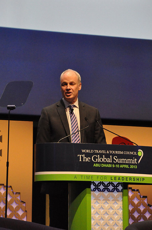 David Scowsill, President and CEO of World Travel & Tourism Council, delivers a speech at 2013 World Travel & Tourism Council (WTTC) Global Summit on April 9 in Abu Dhabi. (People's Daily Online/ Yao Chun)