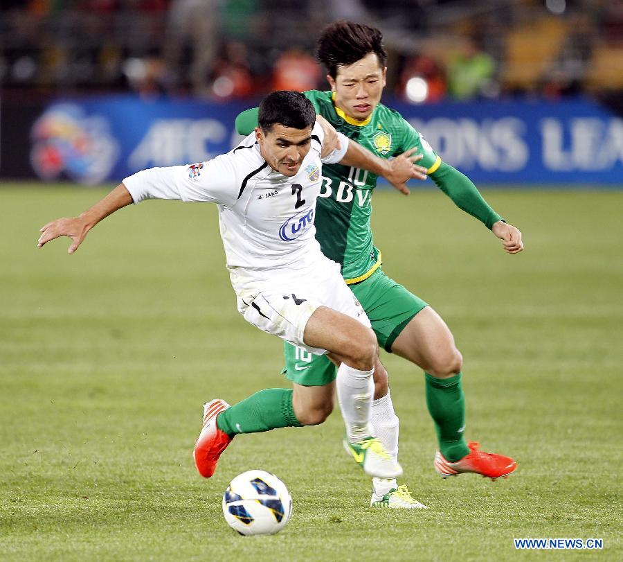 Zhang Xizhe (R) of Beijing Guoan vies with Akmal Shorakhmedov of Bunyodkor during their AFC Champions League Group G match in Beijing, China, April 10, 2013. (Xinhua/Liao Yujie)