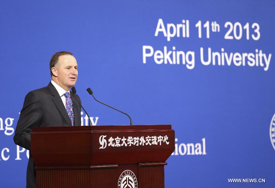 John Key, prime minister of New Zealand, delivers a speech at Peking University in Beijing, capital of China, April 11, 2013. (Xinhua/Ding Lin)