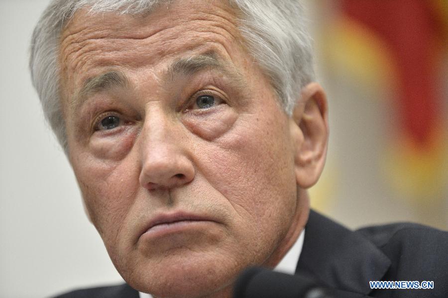 U.S. Secretary of Defense Chuck Hagel testifies before the House Armed Services Committee during a hearing on the fiscal year 2014 national defense authorization budget request from the Department of Defense, on Capitol Hill in Washington D.C., capital of the United States, April 11, 2013. U.S. President Barack Obama on Wednesday proposed a 526.6-billion-dollar base budget for the Defense Department in fiscal year 2014, as the Pentagon struggles to provide funds for its strategic rebalance to the Asia Pacific amid mandatory budget cuts. (Xinhua/Zhang Jun) 