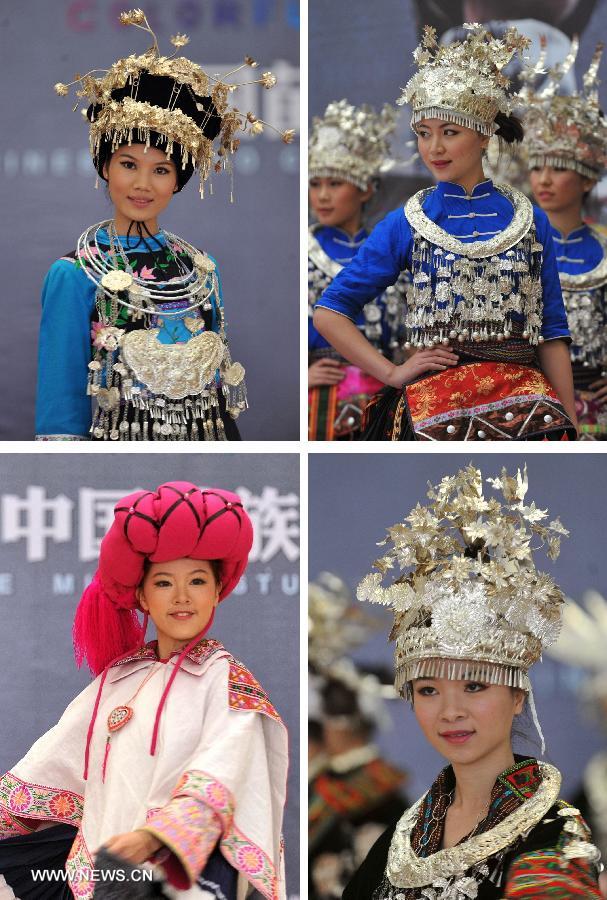 Combo photo shows models presenting of the Miao ethnic group at the Guangxi Museum of Nationalities in Nanning, capital of south China's Guangxi Zhuang Autonomous Region, April 12, 2013. A total of 210 set of traditional costumes of the Miao ethnic group went on display here on Friday. Costumes of the Miao ethnic group is well known for its fine craftsmanship, brilliant colors, various styles and rich cultural connotations. (Xinhua/Lu Boan)
