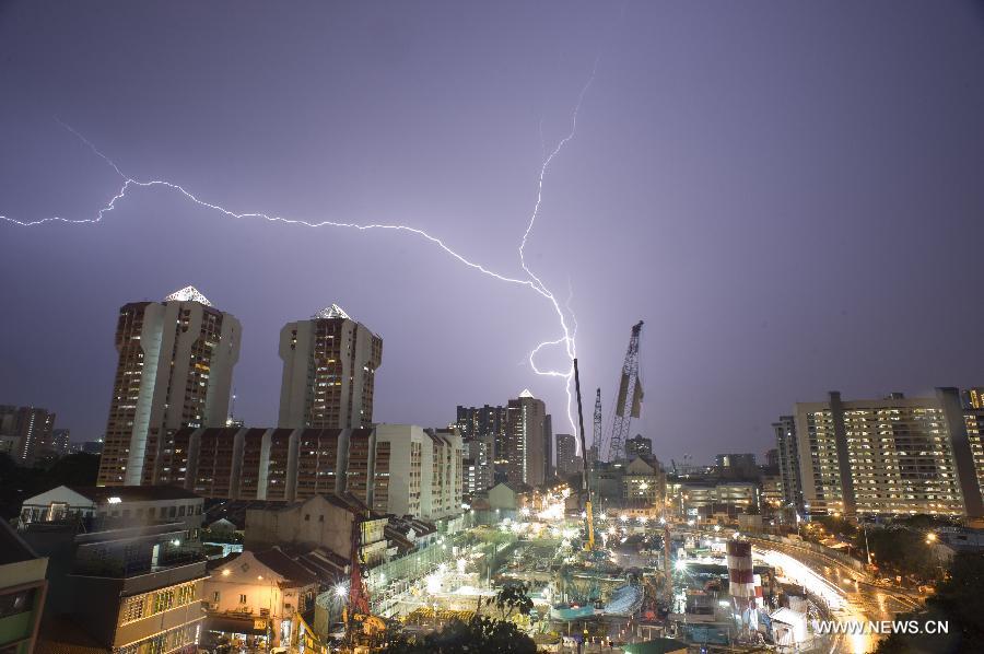 Lightning flashes across the night sky over Singapore on April 13, 2013. (Xinhua/Then Chih Wey)