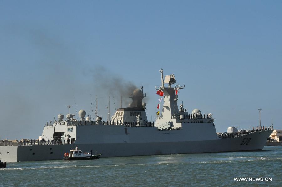 The frigate Huangshan of 13th Escort Taskforce of the Chinese navy leaves Casablanca, Moroco, April 13, 2013. The 13th Escort Taskforce of the Chinese navy on Saturday ended a five-day visit to Morocco. (Xinhua/Lin Feng)