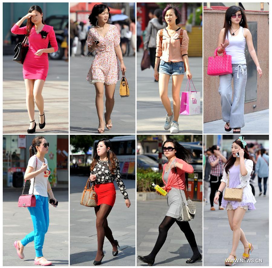 The combined photo taken on April 15, 2013 shows women in summer wear in Nanjing, capital of east China's Jiangsu Province. The temperature in Nanjing reached as high as 31 degrees Celsius on Monday. (Xinhua)