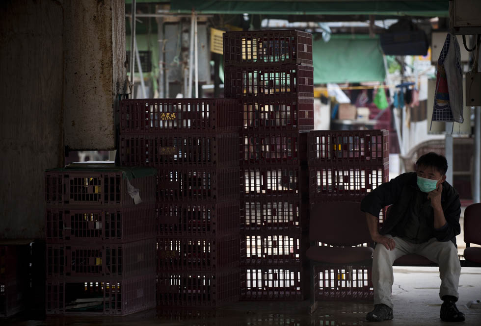 A staff sits beside a pile of cages in a poultry wholesale market in Kowloon on April 8, 2013. Hong Kong authorities have taken a number of preventions as the H7N9 avian influenza virus spreads in Chinese mainland.  (Photo by Lv Xiaowei/ Xinhua)
