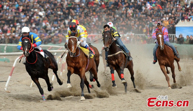 Participants compete during a horse racing held in Korla, Northwest China's Xinjiang Uyghur Autonomous Region, April 14, 2013. Over 300 contestants from more than 20 teams participated in the racing. (CNS)