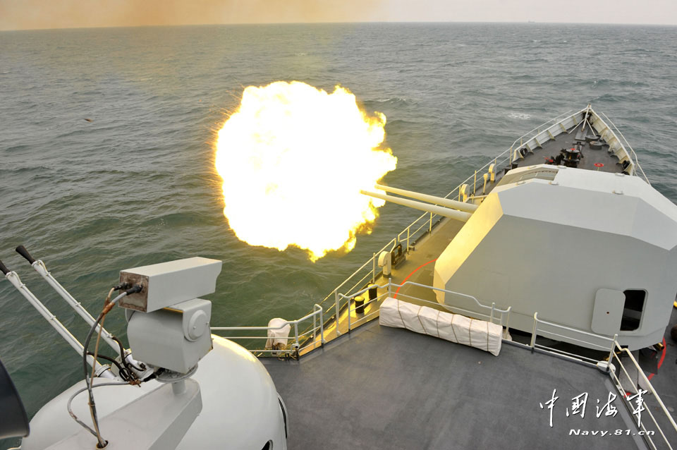 The warship of the South Sea Fleet of the Navy of the Chinese People's Liberation Army (PLA) conducted a live-ammunition fire drill in a certain sea area under the conditions of informationization in mid April. (navy.81.cn/Cao Haihua, Zhao Changhong)