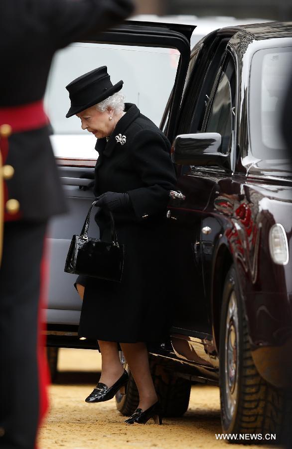 Queen Elizabeth II arrives for the funeral of former British Prime Minister Margaret Thatcher, outside St. Paul's Cathedral in London, Britain, April 17, 2013. The funeral of Margaret Thatcher, the first female British prime minister, started 11 a.m. local time on Wednesday in London. (Xinhua/Wang Lili) 
