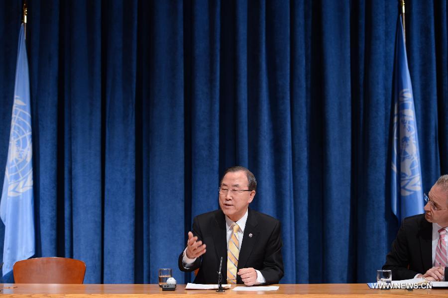 United Nations Secretary-General Ban Ki-moon (L) attends a press conference at the UN headquarters in New York, on April 17, 2013. Ban on Wednesday called the Korean Peninsula crisis " highly volatile" and urged the Democratic People's Republic of Korea (DPRK) to return to the negotiating table. (Xinhua/Niu Xiaolei) 