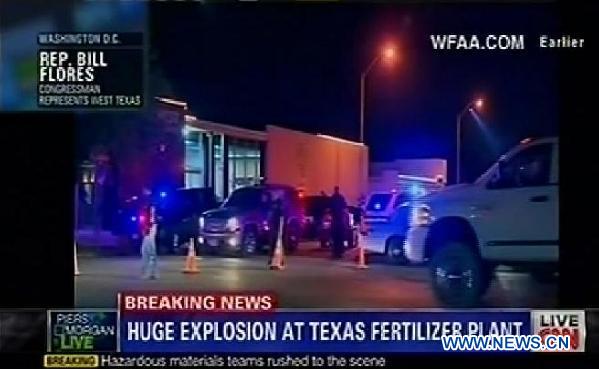 A huge explosion occurred at a fertilizer plant Wednesday night in the U.S. state of Texas, likely causing heavy casualties, U.S. media reported. (Xinhua)