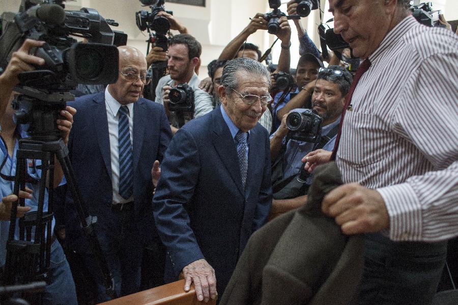 Former Guatemalan dictator, retired General Jose Efrain Rios Montt, arrives for his genocide trial at the Supreme Court of Justice in Guatemala City, capital of Guatemala, on April 18, 2013. Judge Carol Patricia Flores announced Thursday that she was dropping the genocide trial against former dictator Efrain Rios Montt due to a pending appeal, according to local press. (Xinhua/Luis Echeverria) 