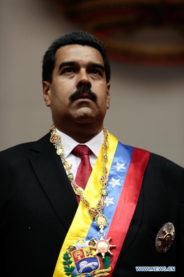 Image provided by the Venezuelan Presidency shows Venezuelan President Nicolas Maduro attending his swearing-in ceremony at the headquarters of the Federal Legislative Palace in the city of Caracas, capital of Venezuela, on April 19, 2013. (Xinhua/Venezuelan Presidency) 