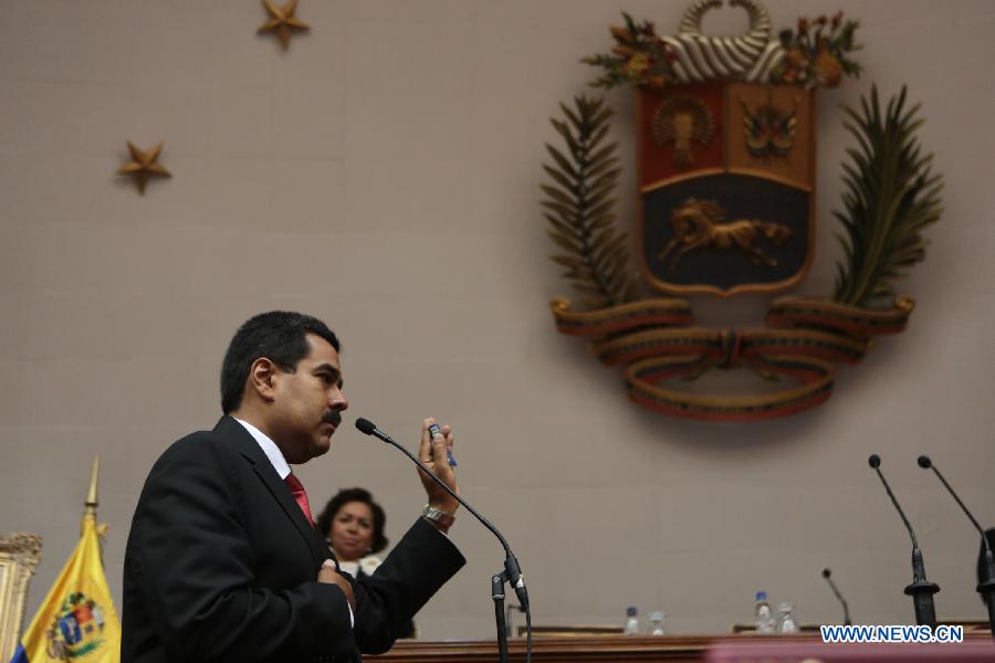 Image provided by the Venezuelan Presidency shows Venezuelan President Nicolas Maduro attending his swearing-in ceremony at the headquarters of the Federal Legislative Palace in the city of Caracas, capital of Venezuela, on April 19, 2013. (Xinhua/Venezuelan Presidency) 