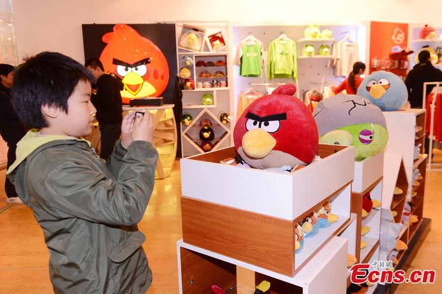 An angry-birds-themed exhibition, authorized by the Rovio Entertainment Ltd, is being held in Beijing. As the first of its kind in the Chinese mainland, the exhibition will run till May 19, 2013. (CNS / Li Xueshi)