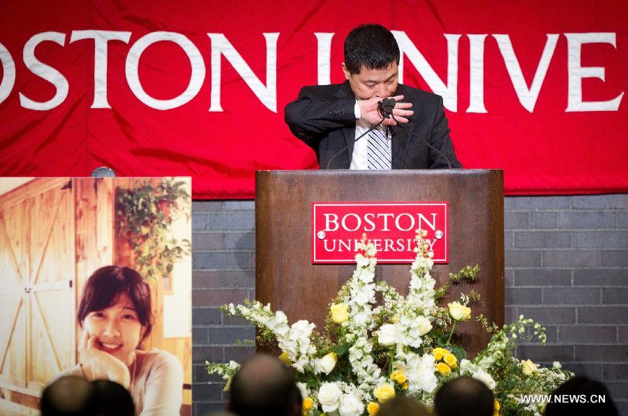 Lu Jun, father of Boston bombing victim Lu Lingzi, attends his daughter's memorial service at Boston University in Boston, the United States, on April 22, 2013. Lu Lingzi, a Boston University student from China, was killed in the deadly Boston Marathon explosions on April 15. (Xinhua/Pool/Boston Globle)