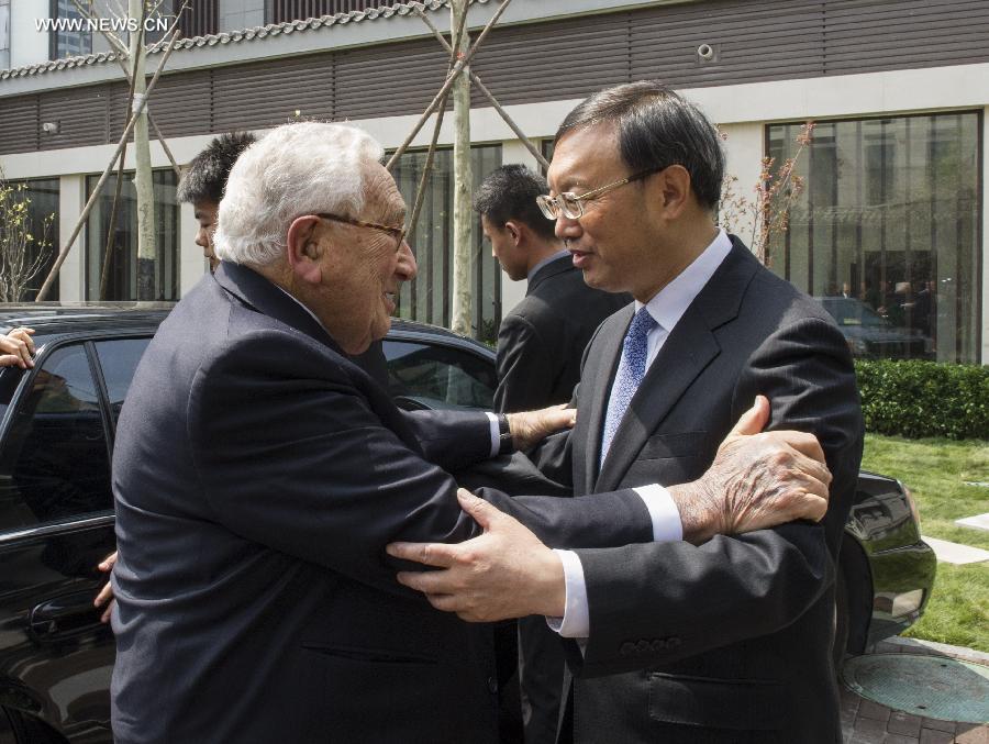 Chinese State Councilor Yang Jiechi (R) meets with former U.S. Secretary of State Henry Kissinger in Beijing, capital of China, April 24, 2013. (Xinhua/Wang Ye) 