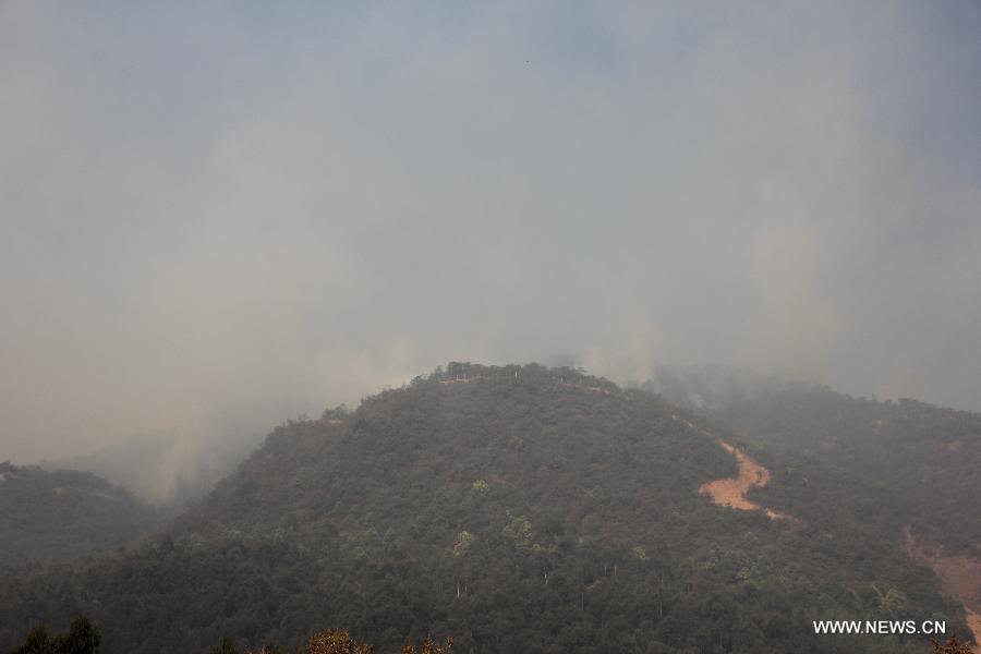 Photo taken on April 27, 2013 shows the site of a forest fire in Qinfeng Township of Lufeng County, southwest China's Yunnan Province. The forest fire which broke out on April 23 has been under control, and no casualties have been reported. (Xinhua/Xu Tao)