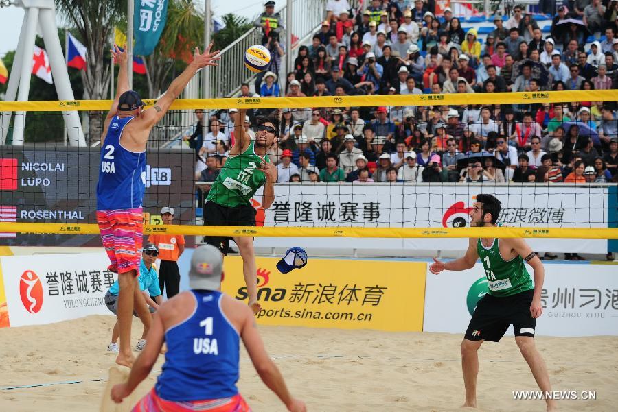 Sean Rosenthal(2nd, L)/Philip Dalhausser (1st, L) of the United States and Nicolai Paolo(1st, R)/Daniele Lupo of Italy fight for the ball during their men's final of the Fuzhou Open, the beginning of the 2013 beach volleyball season, in Fuzhou, southeast China's Fujian province, April 27, 2013. Sean Rosenthal and Philip Dalhausser from the United States won the final 2-0 to claim the title of the event. Nicolai Paolo/Daniele Lupo of Italy won the second place. (Xinhua/Lin Shanchuan)