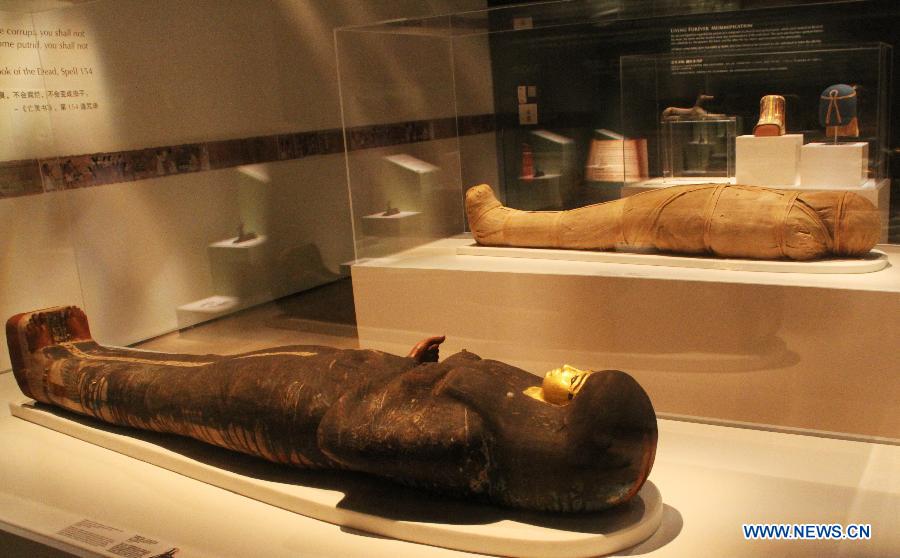 Photo taken on April 27, 2013 shows two human mummies at Singapore's Marina Bay Sands ArtScience Museum in Singapore. An exhibition named "Mummy: Secrets of the Tomb" opened to the public on Saturday, showing 100 artifacts and six mummies from the ancient Egyptian collection of the British Museum. (Xinhua/Hu Juanxin) 
