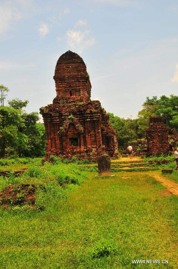 Relics of My Son Sanctuary is seen in central Vietnam, on April 29, 2013. Between the 4th and 13th centuries, a unique culture which owed its spiritual origins to Indian Hinduism developed on the coast of contemporary Vietnam. It was graphically illustrated by the remains of a series of impressive tower-temples located in My Son that was the religious and political capital of the Champa Kingdom for most of its existence. My Son Sanctuary was inscripted in UNESCO's World Cultural Heritage list in 1999. (Xinhua/Zhang Jianhua) 