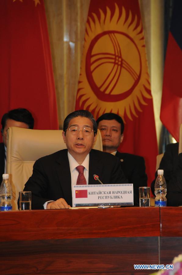 Chinese State Councilor Guo Shengkun speaks during the secretarial meeting of SCO members' security councils in Bishkek, capital of Kyrgyzstan, on April 29, 2013. The new Chinese leadership will give full support to law enforcement and security cooperation within the framework of the Shanghai Cooperation Organization (SCO), Guo Shengkun said here Monday. (Xinhua/Guan Jianwu)