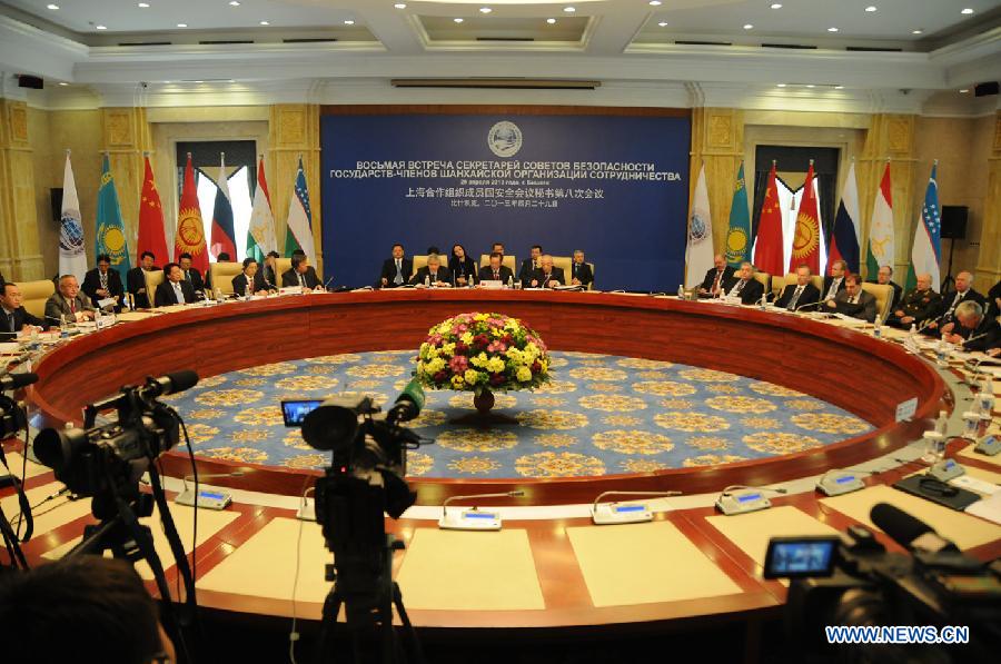 The meeting of SCO members' security councils is held in Bishkek, capital of Kyrgyzstan, on April 29, 2013. The new Chinese leadership will give full support to law enforcement and security cooperation within the framework of the Shanghai Cooperation Organization (SCO), Chinese State Councilor Guo Shengkun said here Monday. (Xinhua/Guan Jianwu)