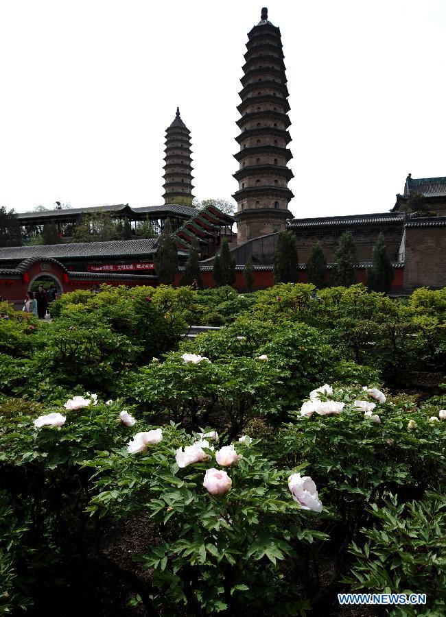 Twin pagodas are pictured at the Yongzuo Temple in Taiyuan, capital of north China's Shanxi Province, April 29, 2013. The well preserved pagodas, namely Wenfeng Pagoda and Xuanwen Pagoda, have a history of 400 years. With the height exceeding 54 meters, the pagodas overlook the city's existing ancient architectures and have been dubbed as the cultural landmark of Taiyuan. (Xinhua/Yan Yan)