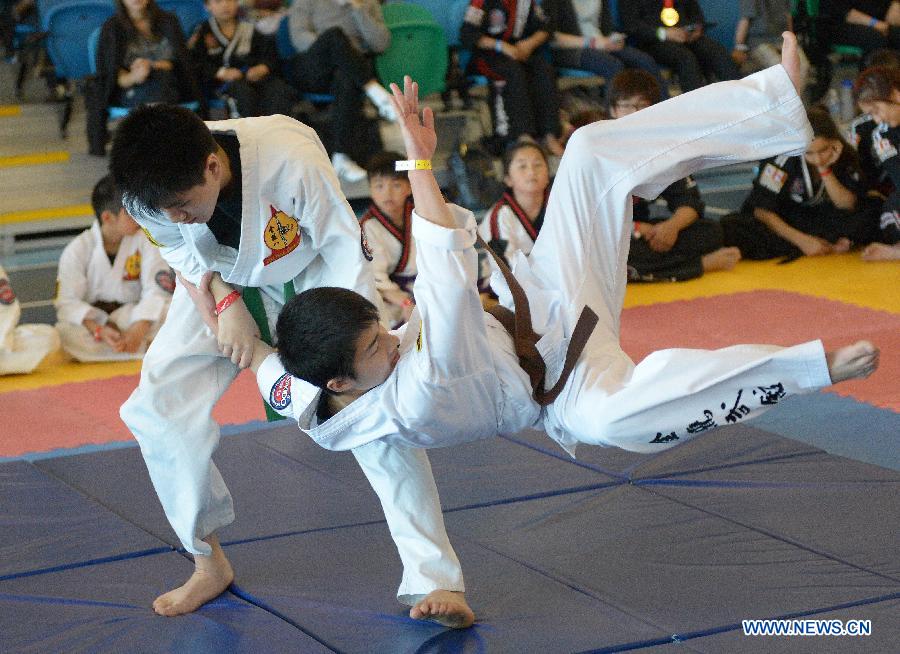 Baily Hung (L) of Canada battles with his compatriot Ethan Fraser during the 34th annual Can-Am International Martial Arts Championships in Richmond, BC, Canada, May 4, 2013. The annual Can-Am has several categories for competition, including Chinese traditional Kungfu, Wushu, Tai Chi, Karate and Taekwondo. (Xinhua/Sergei Bachlakov) 